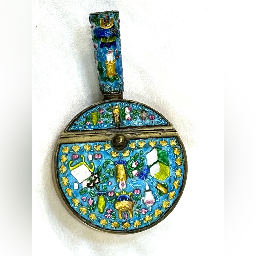 Chinese Cloisonne Brass Silent Butler Handmade Floral Ash Tray Handle Vintage